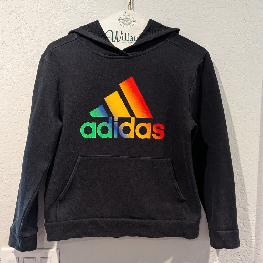 Adidas Kids Black Hoodie with Rainbow Logo Unisex EUC